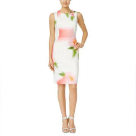 Calvin Klein Watercolor Floral Off white Sheath stretch Office career Dress 6 S - Picture 6 of 10